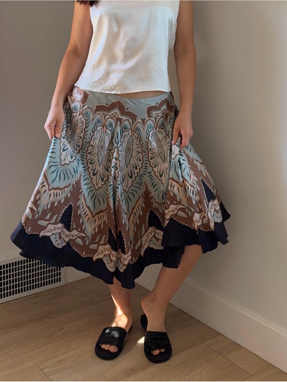 100% SILK Coldwater Creek Blue and Brown  Boho Skirt